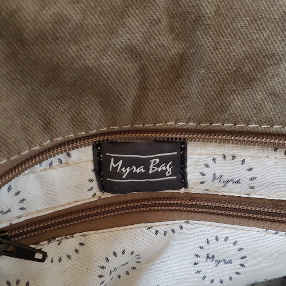 Myra Bag Distressed Leather Canvas Accents Shoulder Bag - Picture 6 of 9